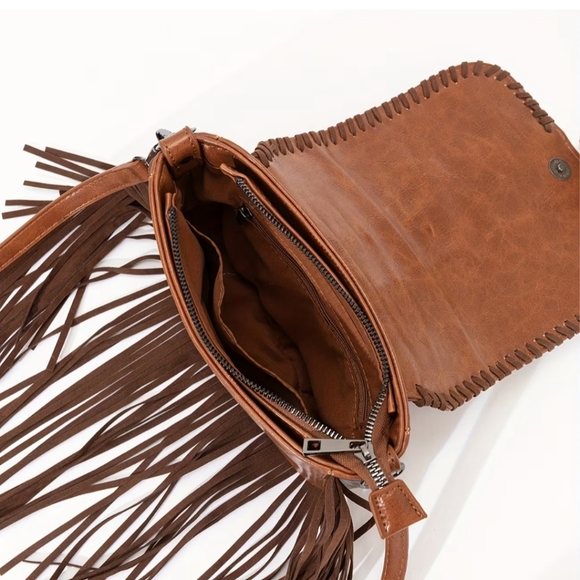 NEW! Brown Animal Print Boho White Cowgirl Fringe Leather Gift Crossbody Bag - Picture 3 of 5